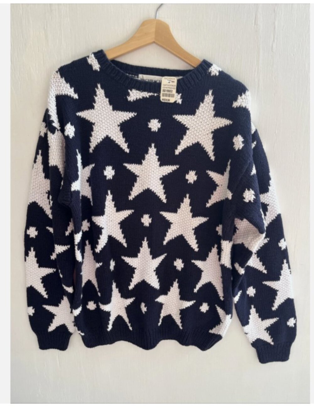 BACHRACH Vintage Navy Blue & White Star Pattern Chunky Knit Sweater Size M NWT